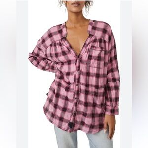 Free People Oversized Dusty Pink One of the Boys Plaid Tunic Button Down Shirt
